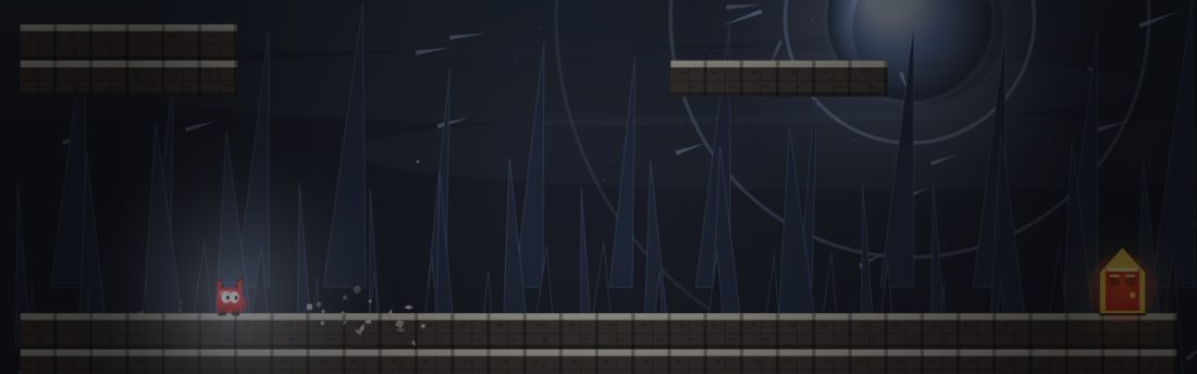 Backwards. Dust hangs over the bricks in front of the character. Two platforms float in the dark, and the door is at the far right.
