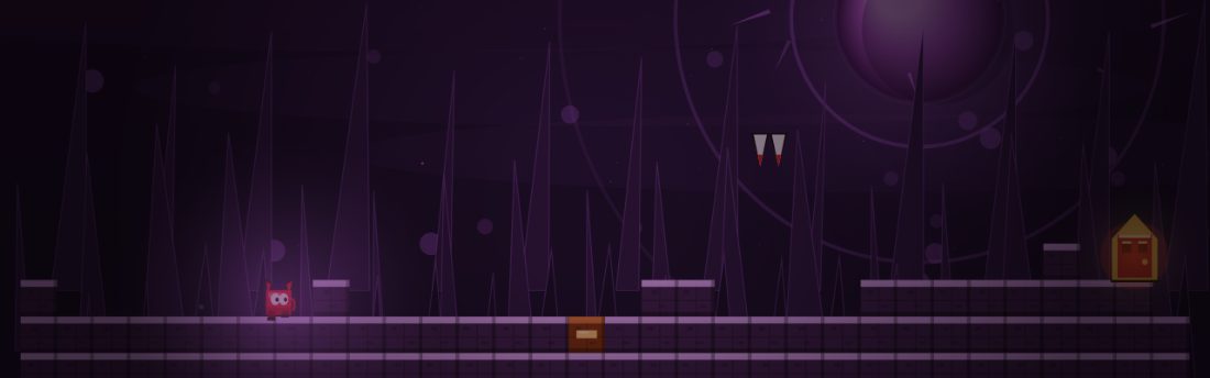 Bloomvoid. Purple spore sky. A bounce pad is set into the brick floor, with small platforms stepping toward the door.