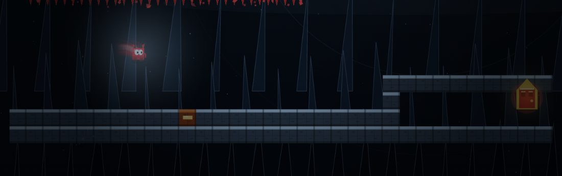 Frostbite. The character is in the air under red ceiling spikes, heading toward a door on a raised ledge. A brown brick sits in the floor.