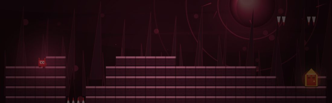 Hunger Moon. A red sky. Brick stairs step down into a pit where a saw is waiting, then back up to the door.