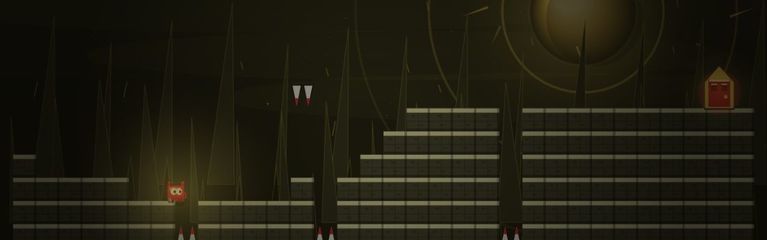 Iron Clock. Olive sky with sparks. Brick stairs climb toward the door, with spikes hanging over the steps and more spikes in the gaps.