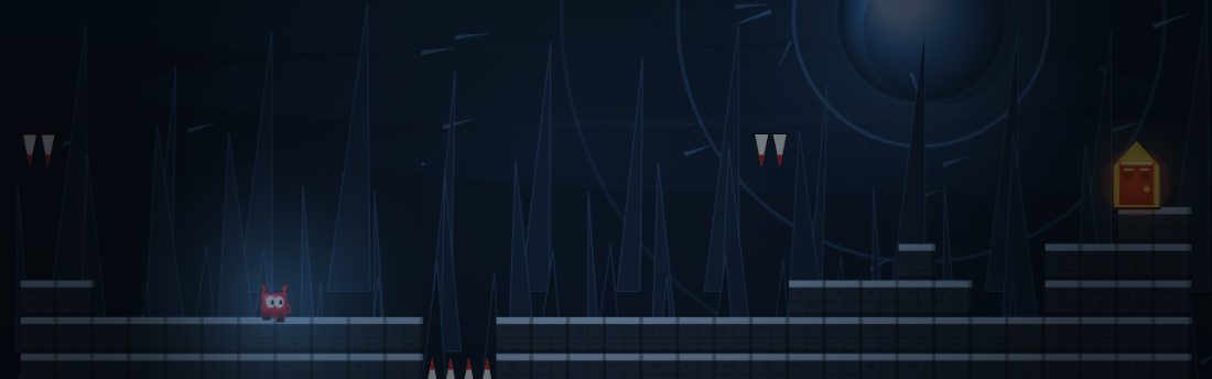 Mirror Sea. A dark blue room. Two pairs of spikes hang in the air above a floor that breaks into a spike pit.
