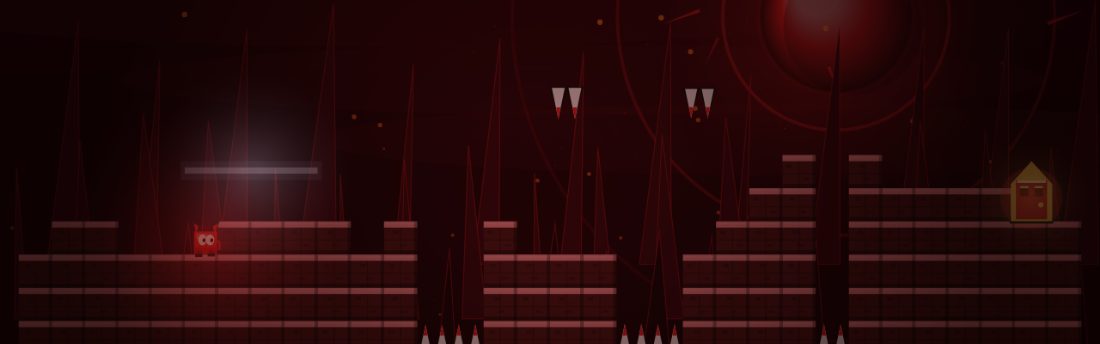 Redshift. A deep red sky. A bright horizontal beam crosses the first platform, with spikes hanging above the gaps.