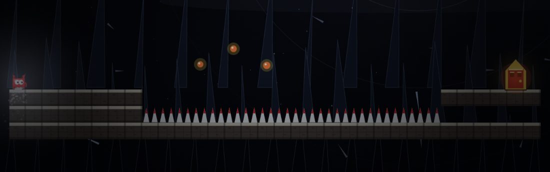 Shiny. Three gold coins hang over a long pit of spikes. The exit door is on a ledge to the right.