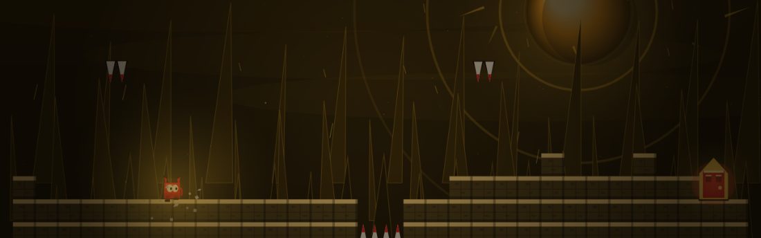 Solar Grave. A gold sky. Dust kicks up at the character's feet on a long brick floor, with spikes in a gap farther on.