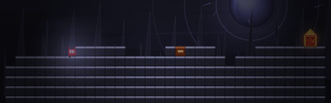 Static God. A dark blue room broken into platforms, with a single brown crumble brick on the middle platform.