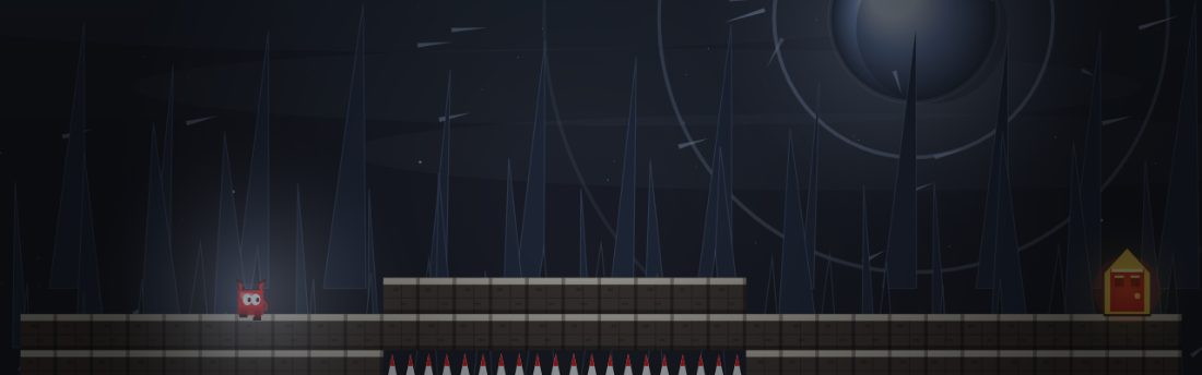 Through. A low brick wall sits in the middle of the floor, with spikes packed underneath it. The door is at the right.
