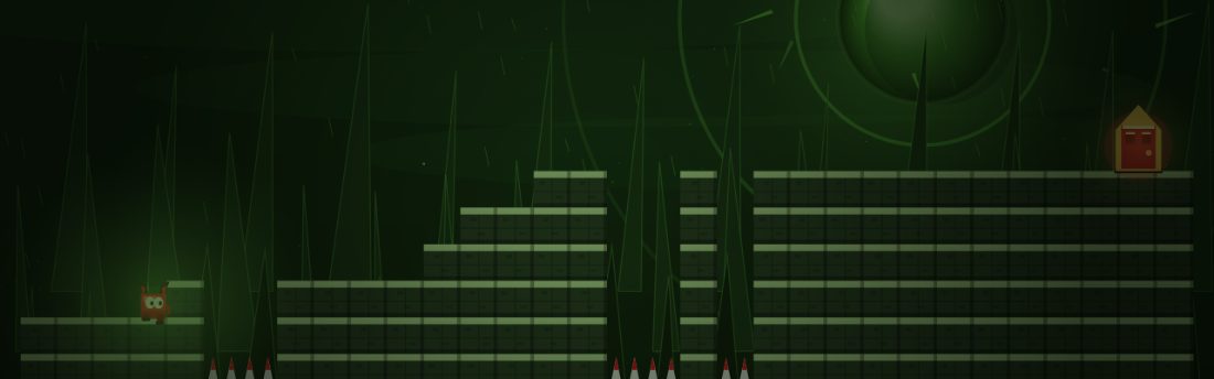 Toxic Gut. Green rain. Brick stairs rise toward a high door, with spikes in the low gap.