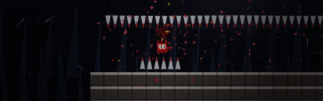Trust Me. Ceiling spikes have come down over the character while red shards fill the air.