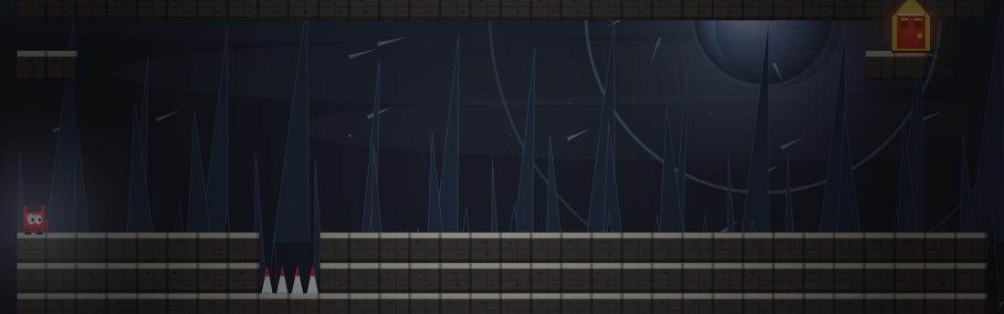 Up Is Down. The exit door sits on a brick platform against the ceiling. A pit of spikes breaks the floor.