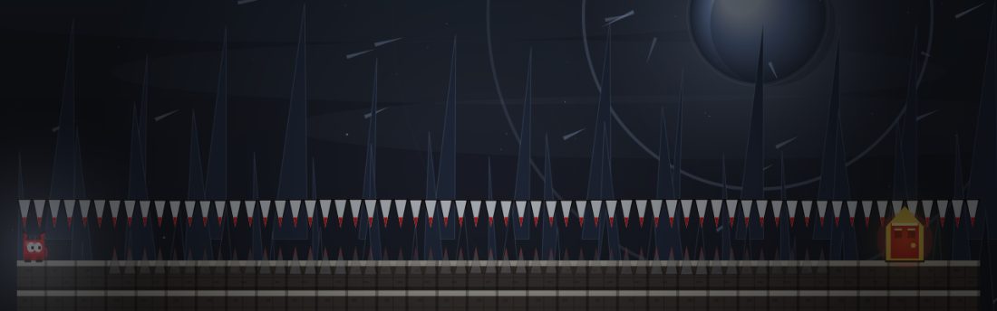 Wait For It. The character stands under a full row of ceiling spikes, with another row of spikes pointing up from the floor.